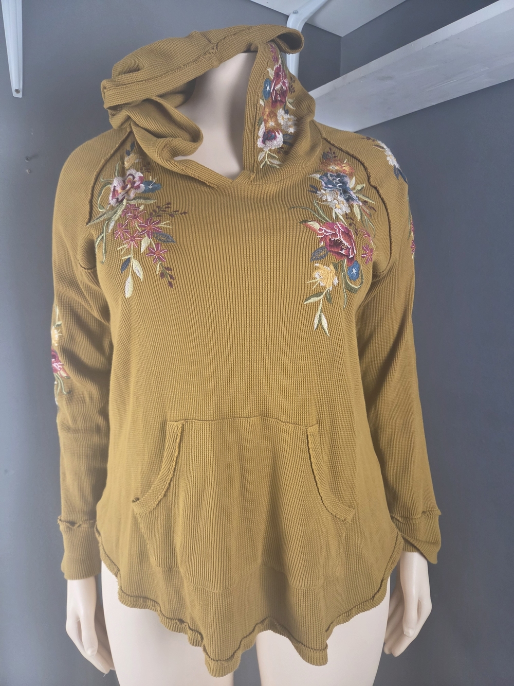 Johnny Was Mustard Hooded Knit with Multicolor Floral Embroidery